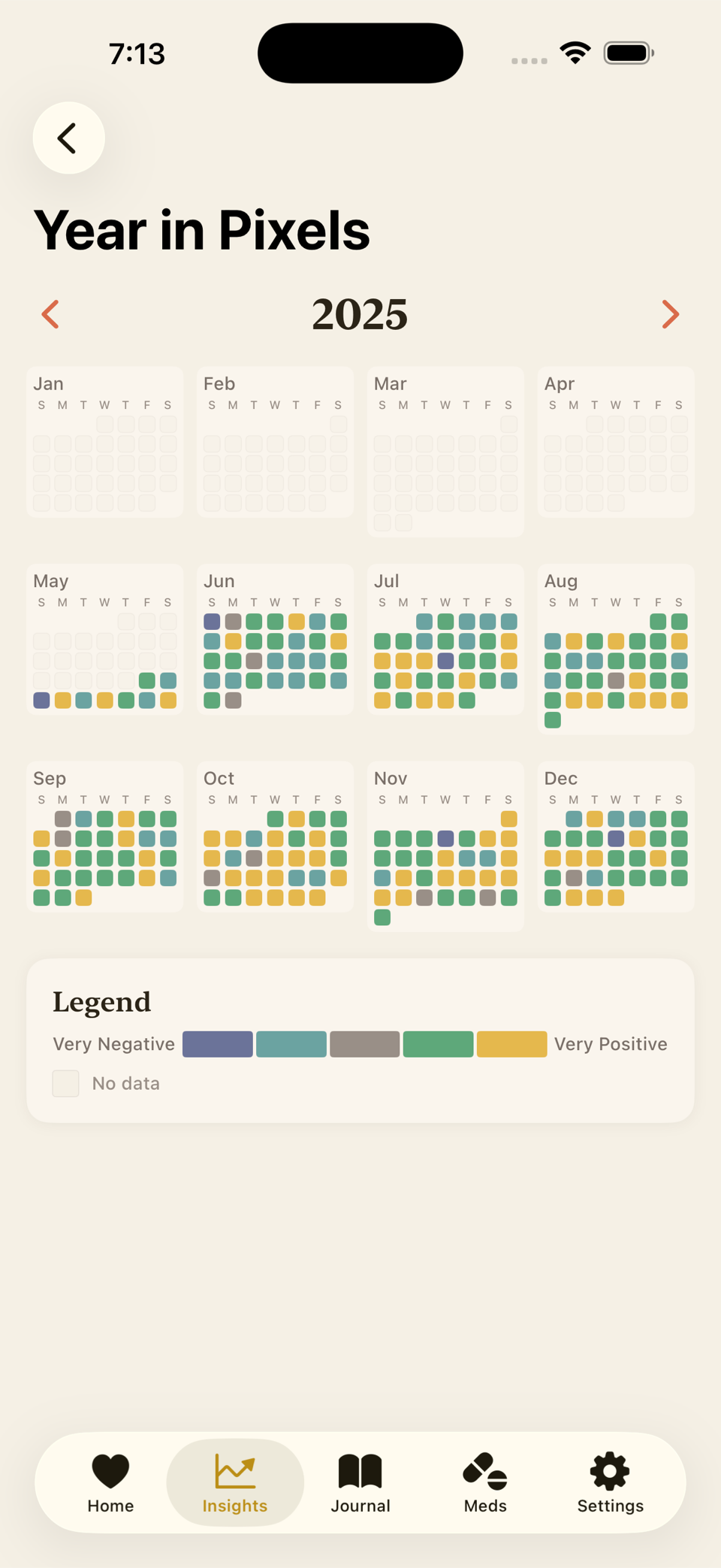 Year in Pixels view in The Observing Ego: a 12-month grid where each day is a small colored square indicating mood valence, ranging from very negative to very positive.
