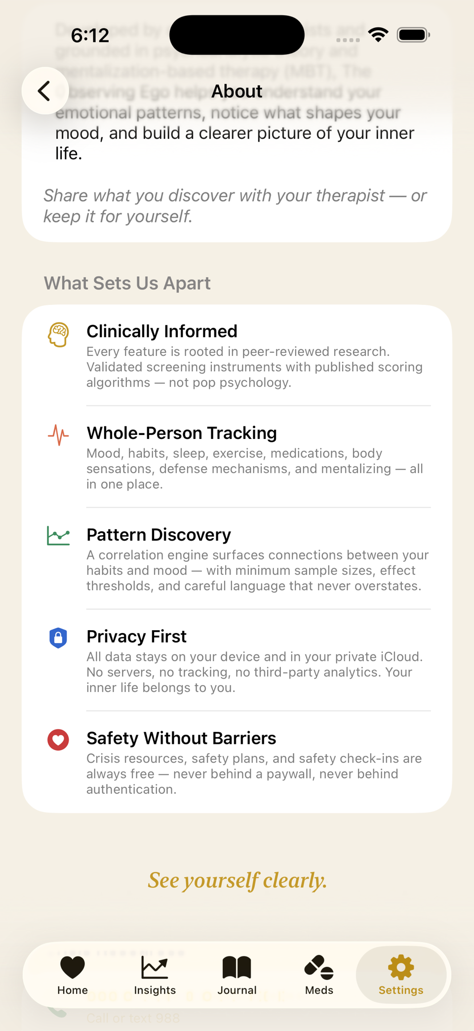 The Observing Ego About screen, listing what sets the app apart: clinically informed, whole-person tracking, pattern discovery, privacy first (all data stays on device and in your private iCloud), and safety without barriers.